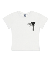 ハートリボンブローチプリンティングスリムフィット半袖Tシャツアイボリー