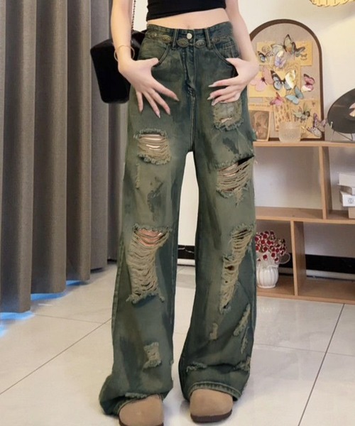 core core(コアコア)の「ダメージデニムルーズパンツ(デニムパンツ・レディース・ブルー・S/M/L)」の1枚目の写真