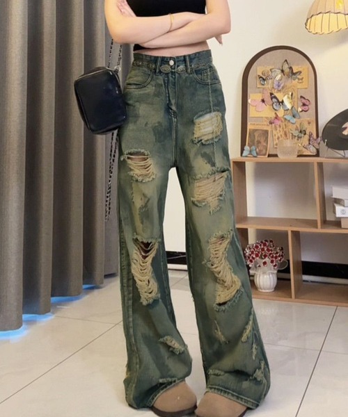 core core(コアコア)の「ダメージデニムルーズパンツ(デニムパンツ・レディース・ブルー・S/M/L)」の9枚目の写真