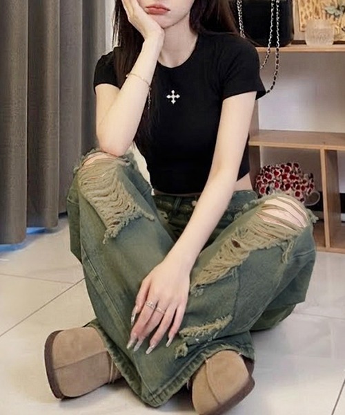 core core(コアコア)の「ダメージデニムルーズパンツ(デニムパンツ・レディース・ブルー・S/M/L)」の3枚目の写真