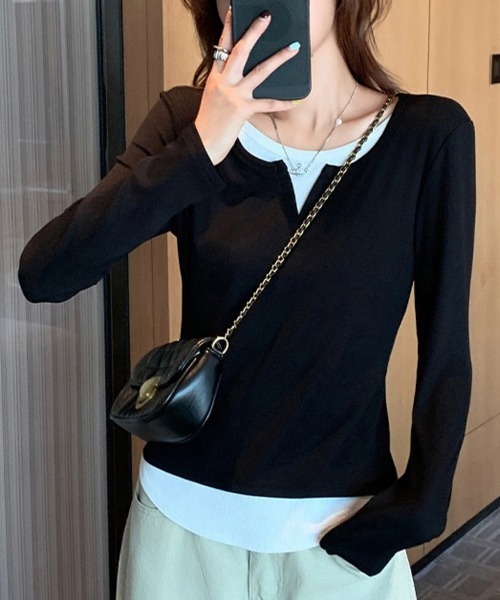 LEMOA(レモア)の「レイヤード風スリットネックリブ長袖カットソー(Tシャツ/カットソー・レディース・ライトグレー/ダークグレー/ブラック・X-LARGE/LARGE/MEDIUM)」の14枚目の写真