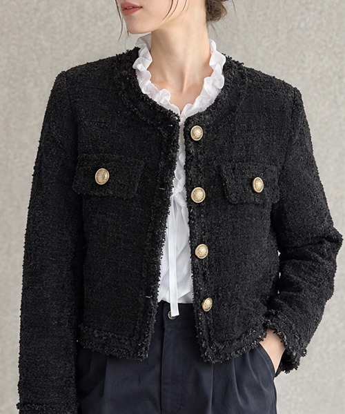 LOWO（ロワ）の「【M～Lサイズ展開】ウール混ツイード調ノーカラーショート丈ジャケット（ノーカラージャケット・レディース・オフホワイト/ブラック・M/L）」の2枚目の写真