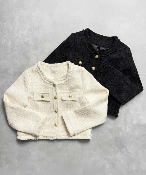 LOWO（ロワ）の「【M～Lサイズ展開】ウール混ツイード調ノーカラーショート丈ジャケット（ノーカラージャケット・レディース・オフホワイト/ブラック・M/L）」の4枚目の写真