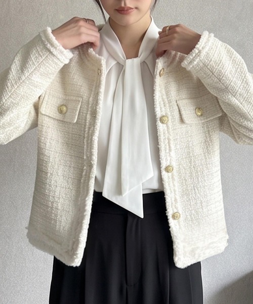 LOWO（ロワ）の「【M～Lサイズ展開】ウール混ツイード調ノーカラーショート丈ジャケット（ノーカラージャケット・レディース・オフホワイト/ブラック・M/L）」の5枚目の写真