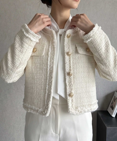 LOWO（ロワ）の「【M～Lサイズ展開】ウール混ツイード調ノーカラーショート丈ジャケット（ノーカラージャケット・レディース・オフホワイト/ブラック・M/L）」の7枚目の写真