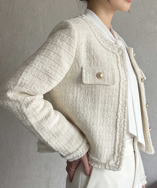 LOWO（ロワ）の「【M～Lサイズ展開】ウール混ツイード調ノーカラーショート丈ジャケット（ノーカラージャケット・レディース・オフホワイト/ブラック・M/L）」の8枚目の写真