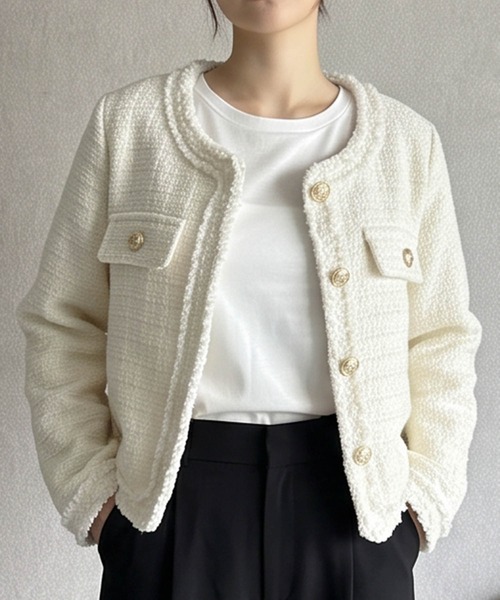 LOWO（ロワ）の「【M～Lサイズ展開】ウール混ツイード調ノーカラーショート丈ジャケット（ノーカラージャケット・レディース・オフホワイト/ブラック・M/L）」の9枚目の写真