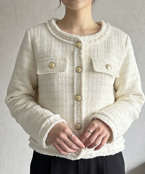 LOWO（ロワ）の「【M～Lサイズ展開】ウール混ツイード調ノーカラーショート丈ジャケット（ノーカラージャケット・レディース・オフホワイト/ブラック・M/L）」の10枚目の写真
