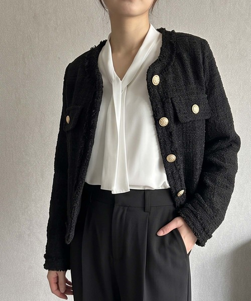LOWO（ロワ）の「【M～Lサイズ展開】ウール混ツイード調ノーカラーショート丈ジャケット（ノーカラージャケット・レディース・オフホワイト/ブラック・M/L）」の14枚目の写真