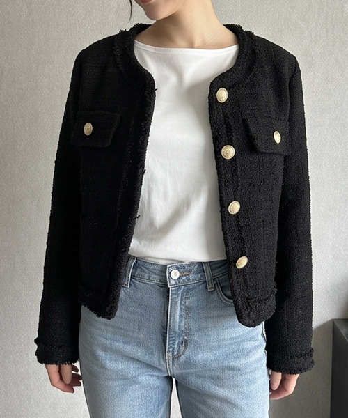 LOWO（ロワ）の「【M～Lサイズ展開】ウール混ツイード調ノーカラーショート丈ジャケット（ノーカラージャケット・レディース・オフホワイト/ブラック・M/L）」の15枚目の写真
