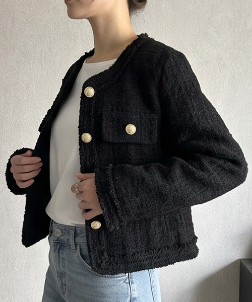 LOWO（ロワ）の「【M～Lサイズ展開】ウール混ツイード調ノーカラーショート丈ジャケット（ノーカラージャケット・レディース・オフホワイト/ブラック・M/L）」の16枚目の写真