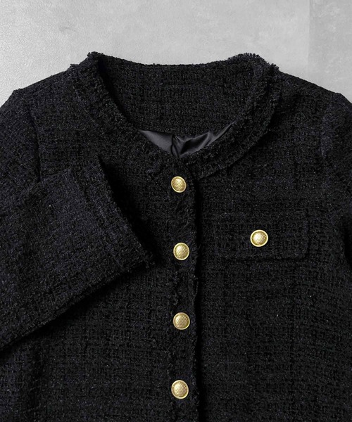 LOWO（ロワ）の「【M～Lサイズ展開】ウール混ツイード調ノーカラーショート丈ジャケット（ノーカラージャケット・レディース・オフホワイト/ブラック・M/L）」の20枚目の写真