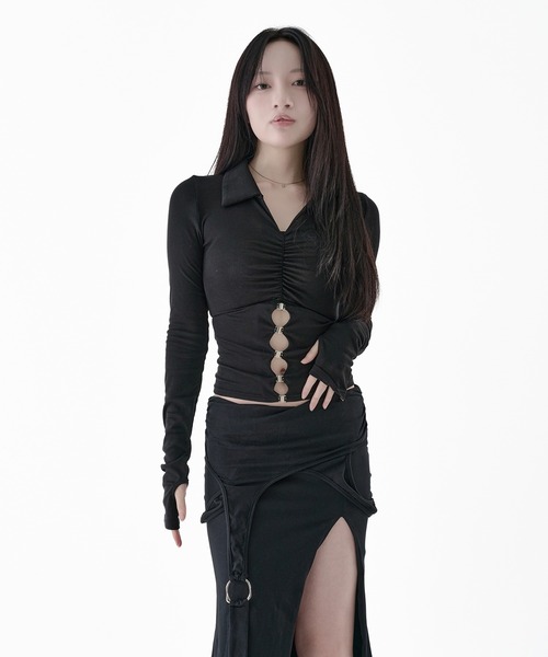 Melviianne(メルヴィアンヌ)の「Sneer knit panel tops(シャツ/ブラウス・レディース・Black/Beige・MEDIUM/SMALL)」の4枚目の写真