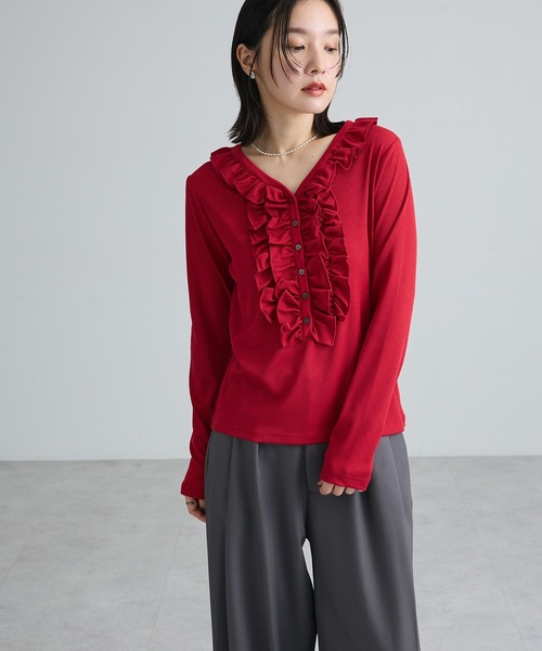 Green Parks(グリーンパークス)の「チビフリルカットソープルオーバー(Tシャツ/カットソー・レディース・レッド/グレー/グリーン系その他2・FREE)」の4枚目の写真