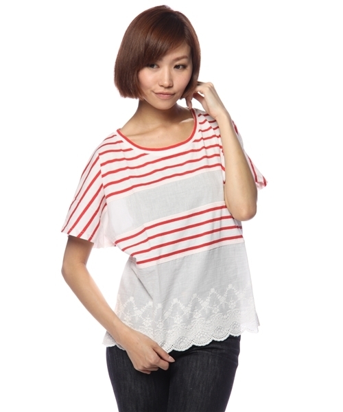 Kastane（カスタネ）の「レース切替えTOPS（Tシャツ/カットソー・レディース・オフホワイト/ピンク/グレー/ホワイト×ブルー/ホワイト×レッド/ピンク系その他・FREE）」の3枚目の写真