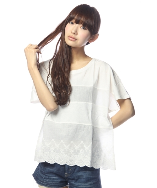 Kastane（カスタネ）の「レース切替えTOPS（Tシャツ/カットソー・レディース・オフホワイト/ピンク/グレー/ホワイト×ブルー/ホワイト×レッド/ピンク系その他・FREE）」の2枚目の写真