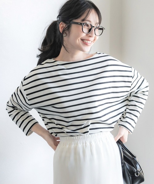 coca（coca）（コカ）の「【WEB限定セール】＼WEB限定新色／ボーダーボートネックトップス/オーガニックコットン混（Tシャツ/カットソー・レディース・ブラック/ホワイト/ブラウン/ピンク/グレー/ベージュ/グリーン/ダークベージュ・ONE SIZE/L/M）」の10枚目の写真