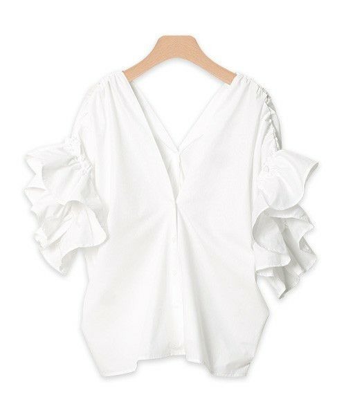 Pierrot(ピエロ)の「フリル袖切り替え ノーカラーシャーリングブラウス(シャツ/ブラウス・レディース・ネイビー/オフホワイト/グリーン/ボルドー/グレイッシュベージュ/パープル系その他・M/L)」の19枚目の写真