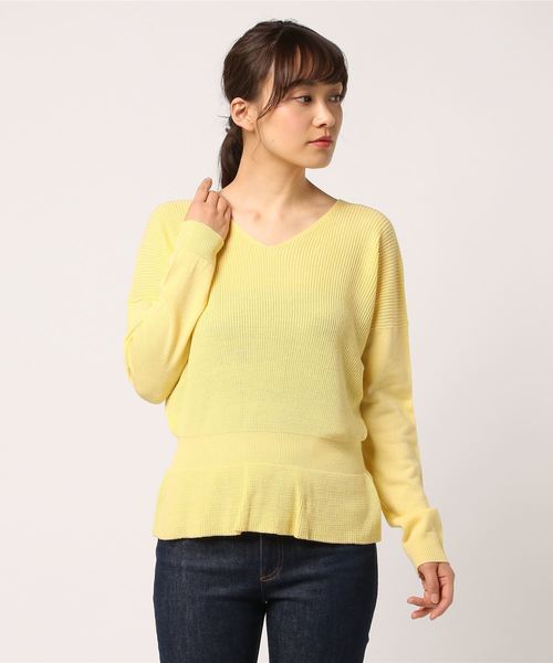 KOBE LETTUCE（コウベレタス）の「くびれシルエで細見え効果バツグン◎！畦編み切り替えVネックペプラムニットトップス/レディースセーター[C3088]神戸レタス（ニット/セーター・レディース・ブラック/ベージュ/オフホワイト/ピンク/イエロー/ブルー系その他・FREE）」の5枚目の写真