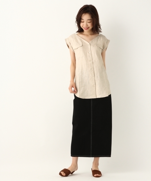 A part by（アパートバイ）の「LヘリンボンNCシャツSS 795826（シャツ/ブラウス・レディース・ネイビー/ブラウン/アイボリー・FREE）」の4枚目の写真