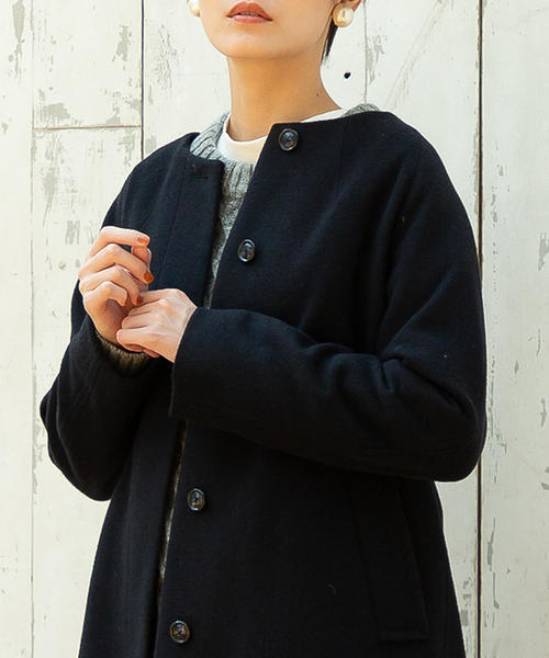 coen（コーエン）の「【WEB限定 着丈100～102㎝】イタリアンリサイクルウールノーカラーロングコート(ネイビー)（その他アウター・レディース・ネイビー・LARGE/MEDIUM）」の3枚目の写真