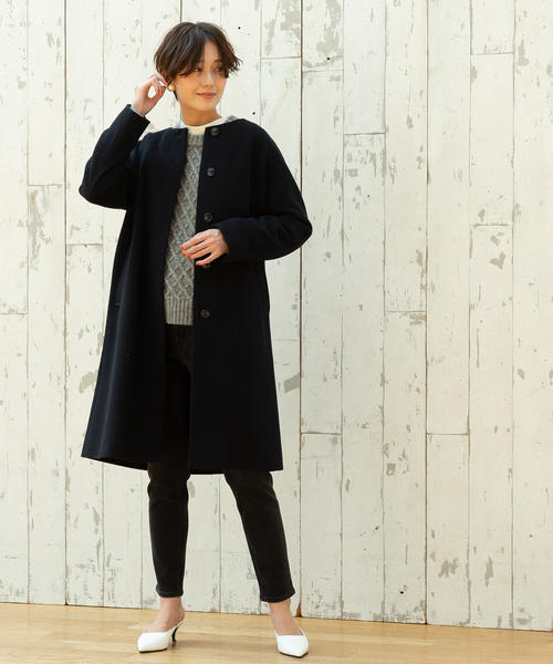 coen（コーエン）の「【WEB限定 着丈100～102㎝】イタリアンリサイクルウールノーカラーロングコート(ネイビー)（その他アウター・レディース・ネイビー・LARGE/MEDIUM）」の2枚目の写真