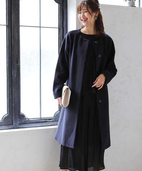 coen（コーエン）の「【WEB限定 着丈100～102㎝】イタリアンリサイクルウールノーカラーロングコート(ネイビー)（その他アウター・レディース・ネイビー・LARGE/MEDIUM）」の6枚目の写真