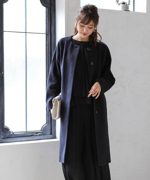 coen（コーエン）の「【WEB限定 着丈100～102㎝】イタリアンリサイクルウールノーカラーロングコート(ネイビー)（その他アウター・レディース・ネイビー・LARGE/MEDIUM）」の5枚目の写真
