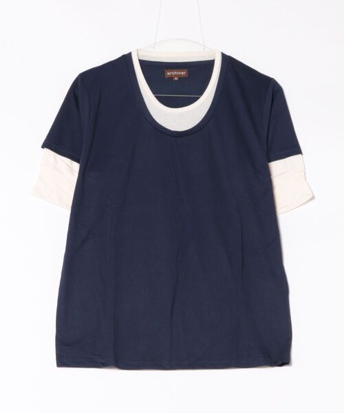 Bling Leads(ブリングリーズ)の「《Bl》5分袖フェイクレイヤードTシャツ Uネック(Tシャツ/カットソー・レディース・グレー/マルチ/ネイビー/ミント・MEDIUM/LARGE)」の1枚目の写真