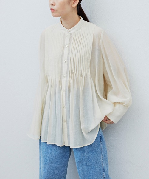 ebure 新品同様長袖 シアーバンドカラー ピンタックシャツブラウス