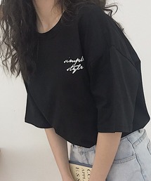 レディース バックプリントビッグシルエットラウンドネックトップス