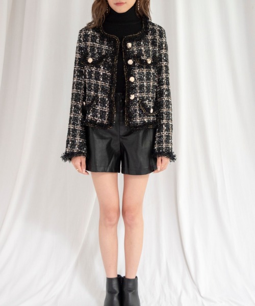yuue' ( wear )(ユーイ)の「ノーカラーツイードジャケット(ノーカラージャケット・レディース・ブラック・S/M/L)」の6枚目の写真