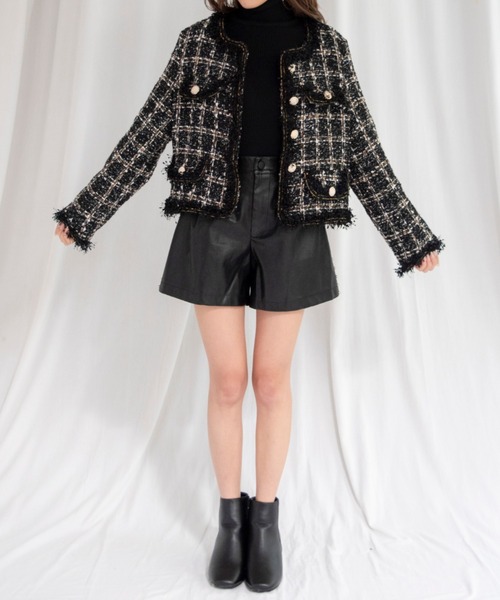 yuue' ( wear )(ユーイ)の「ノーカラーツイードジャケット(ノーカラージャケット・レディース・ブラック・S/M/L)」の2枚目の写真