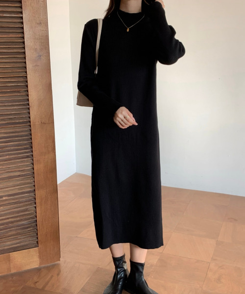 新品タグ付きNOBLE1.9万円リブニットサイドボタンワンピース ブラック Noble（ノーブル）の「バイカラーリブニットサイドボタン