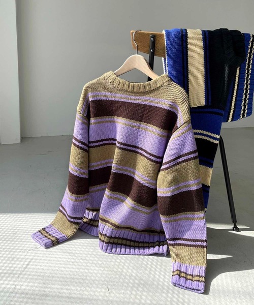 CANAL JEAN(キャナルジーン)の「RED CHOP WORKS(レッドチョップワークス) マルチボーダークルーニット(ニット/セーター・レディース・パープル/ブルー・38)」の3枚目の写真