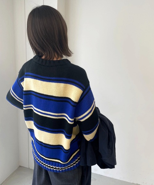 CANAL JEAN(キャナルジーン)の「RED CHOP WORKS(レッドチョップワークス) マルチボーダークルーニット(ニット/セーター・レディース・パープル/ブルー・38)」の5枚目の写真