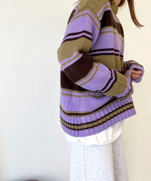 CANAL JEAN(キャナルジーン)の「RED CHOP WORKS(レッドチョップワークス) マルチボーダークルーニット(ニット/セーター・レディース・パープル/ブルー・38)」の9枚目の写真