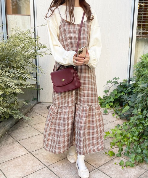 アプレジュール デザインティアードキャミワンピース チェック ブラウン 茶色 M apres jour（アプレジュール） ワンピース デザインティアードキャミ