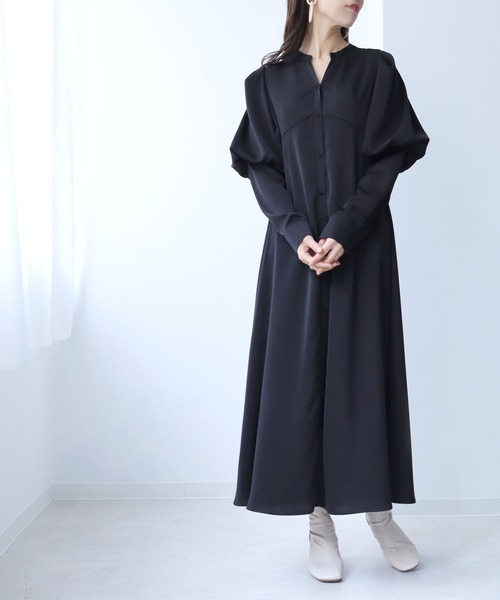HER CLOSET（ハークローゼット）の「【TWENTY THREE】パフスリーブサテンロングワンピース（ワンピース・レディース・ブラック/ベージュ/ミント・FREE）」の9枚目の写真
