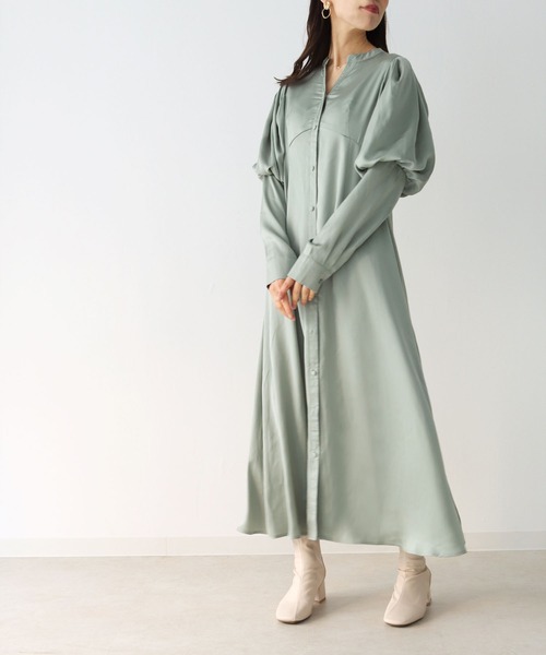 HER CLOSET（ハークローゼット）の「【TWENTY THREE】パフスリーブサテンロングワンピース（ワンピース・レディース・ブラック/ベージュ/ミント・FREE）」の8枚目の写真
