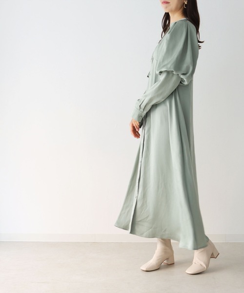 HER CLOSET（ハークローゼット）の「【TWENTY THREE】パフスリーブサテンロングワンピース（ワンピース・レディース・ブラック/ベージュ/ミント・FREE）」の13枚目の写真