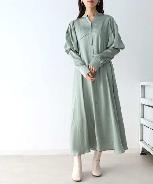 HER CLOSET（ハークローゼット）の「【TWENTY THREE】パフスリーブサテンロングワンピース（ワンピース・レディース・ブラック/ベージュ/ミント・FREE）」の12枚目の写真