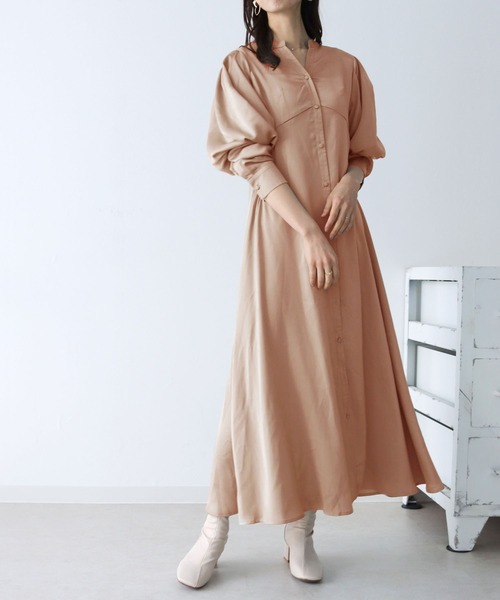 HER CLOSET（ハークローゼット）の「【TWENTY THREE】パフスリーブサテンロングワンピース（ワンピース・レディース・ブラック/ベージュ/ミント・FREE）」の15枚目の写真