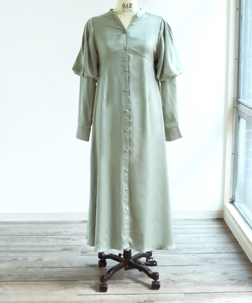 HER CLOSET（ハークローゼット）の「【TWENTY THREE】パフスリーブサテンロングワンピース（ワンピース・レディース・ブラック/ベージュ/ミント・FREE）」の18枚目の写真