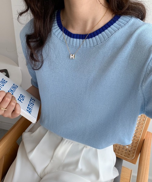 Diosfront（ディオスフロント）の「配色半袖ニットトップス（Tシャツ/カットソー・レディース・ホワイト/ブラック/サックスブルー/ピンク/ベージュ/マスタード/アイボリー/ブルーグレー・FREE）」の6枚目の写真