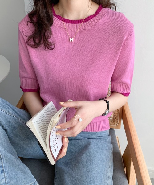 Diosfront（ディオスフロント）の「配色半袖ニットトップス（Tシャツ/カットソー・レディース・ホワイト/ブラック/サックスブルー/ピンク/ベージュ/マスタード/アイボリー/ブルーグレー・FREE）」の10枚目の写真
