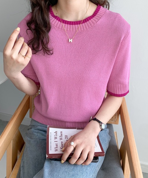 Diosfront（ディオスフロント）の「配色半袖ニットトップス（Tシャツ/カットソー・レディース・ホワイト/ブラック/サックスブルー/ピンク/ベージュ/マスタード/アイボリー/ブルーグレー・FREE）」の11枚目の写真