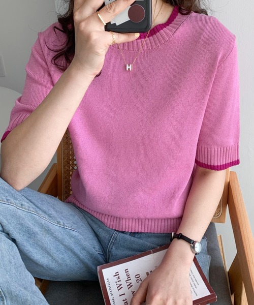 Diosfront（ディオスフロント）の「配色半袖ニットトップス（Tシャツ/カットソー・レディース・ホワイト/ブラック/サックスブルー/ピンク/ベージュ/マスタード/アイボリー/ブルーグレー・FREE）」の13枚目の写真