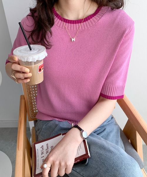 Diosfront（ディオスフロント）の「配色半袖ニットトップス（Tシャツ/カットソー・レディース・ホワイト/ブラック/サックスブルー/ピンク/ベージュ/マスタード/アイボリー/ブルーグレー・FREE）」の14枚目の写真