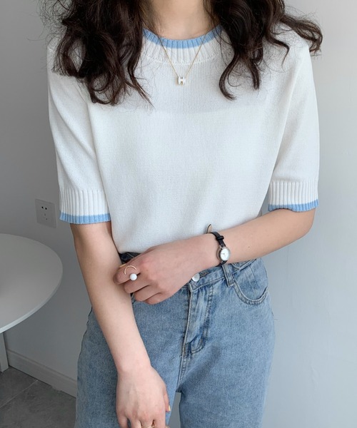 Diosfront（ディオスフロント）の「配色半袖ニットトップス（Tシャツ/カットソー・レディース・ホワイト/ブラック/サックスブルー/ピンク/ベージュ/マスタード/アイボリー/ブルーグレー・FREE）」の16枚目の写真